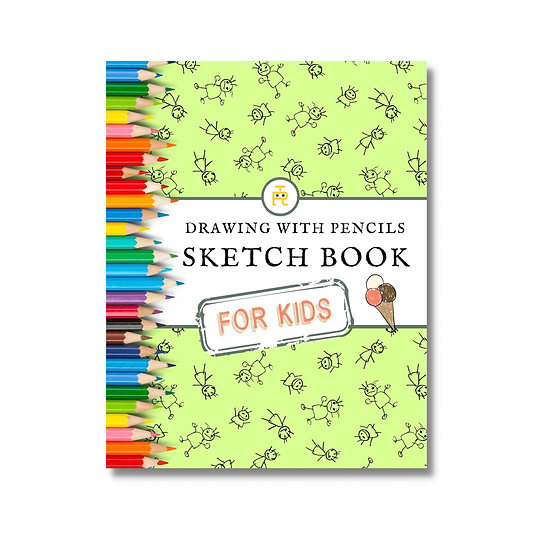 Large glossy sketch book that's bright green with a pattern of little line drawings of children all over the cover.