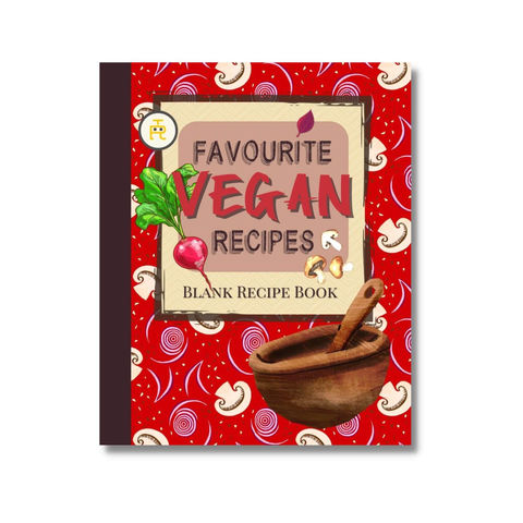 Red vegan recipe book (blank) with a wooden bowl, turnip and mushrooms on the cover