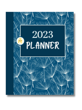Navy blue planner with white dandelions on the cover. Dandelion quote on the back.