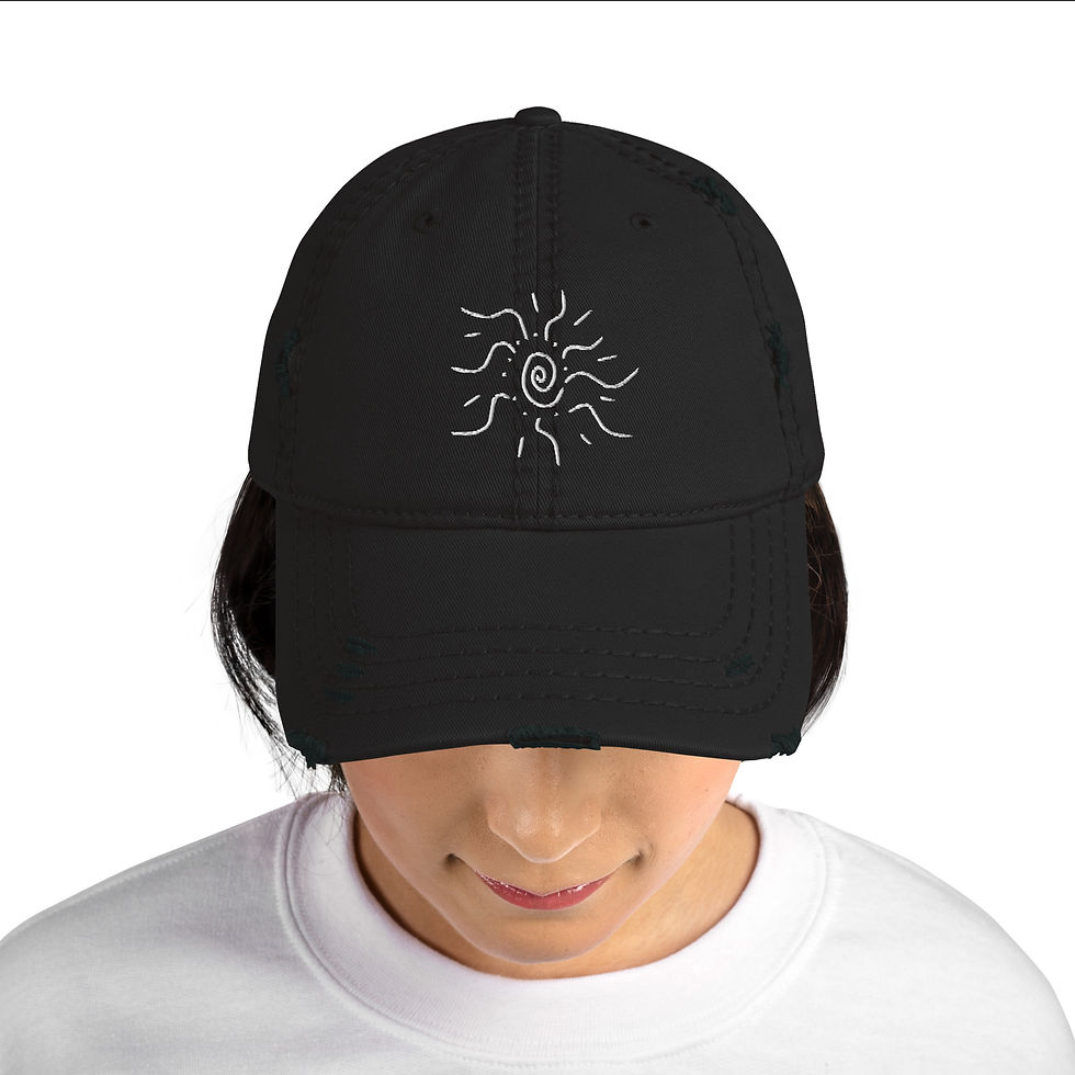 Thumbnail: On model: Lauren Nicole black distressed ball cap with sun embroidered in white on front and the LN logo on back..