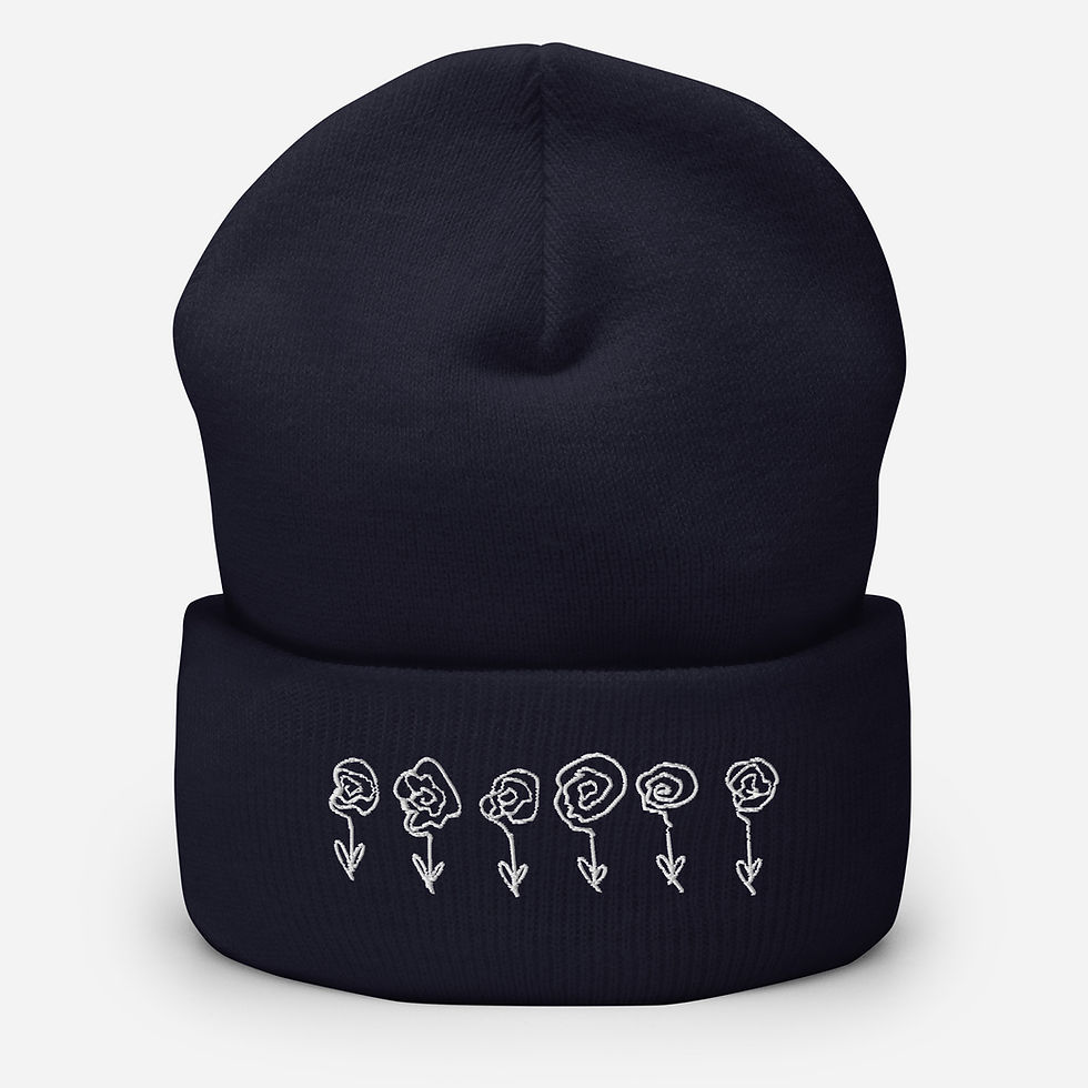 Thumbnail: Lauren Nicole navy cuffed beanie with a line of roses embroidered in white on front.