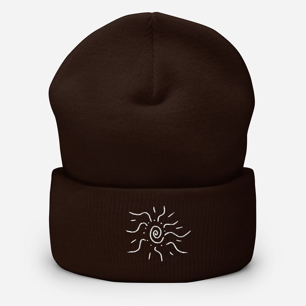 Thumbnail: Lauren Nicole brown cuffed beanie with sun embroidery on front.