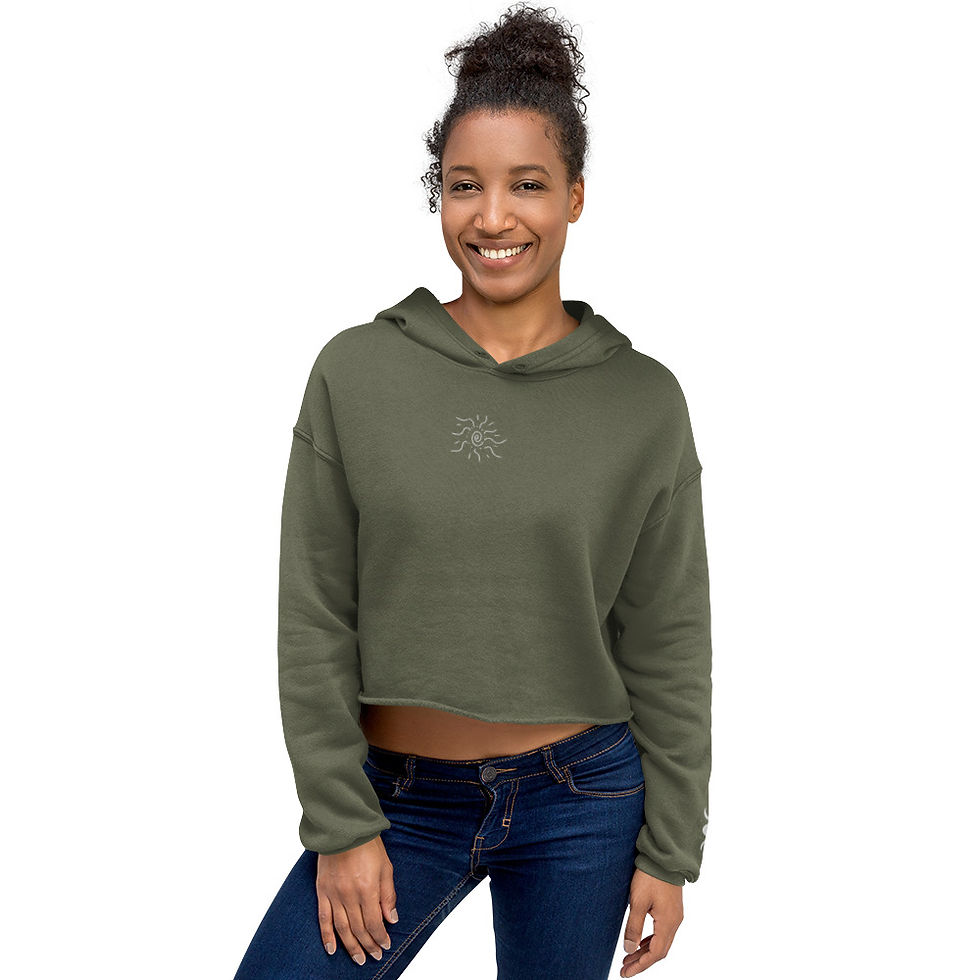 Thumbnail: Lauren Nicole olive cropped hoodie. White embroidered sun and vine on front chest and moons on left sleeve near wrist.