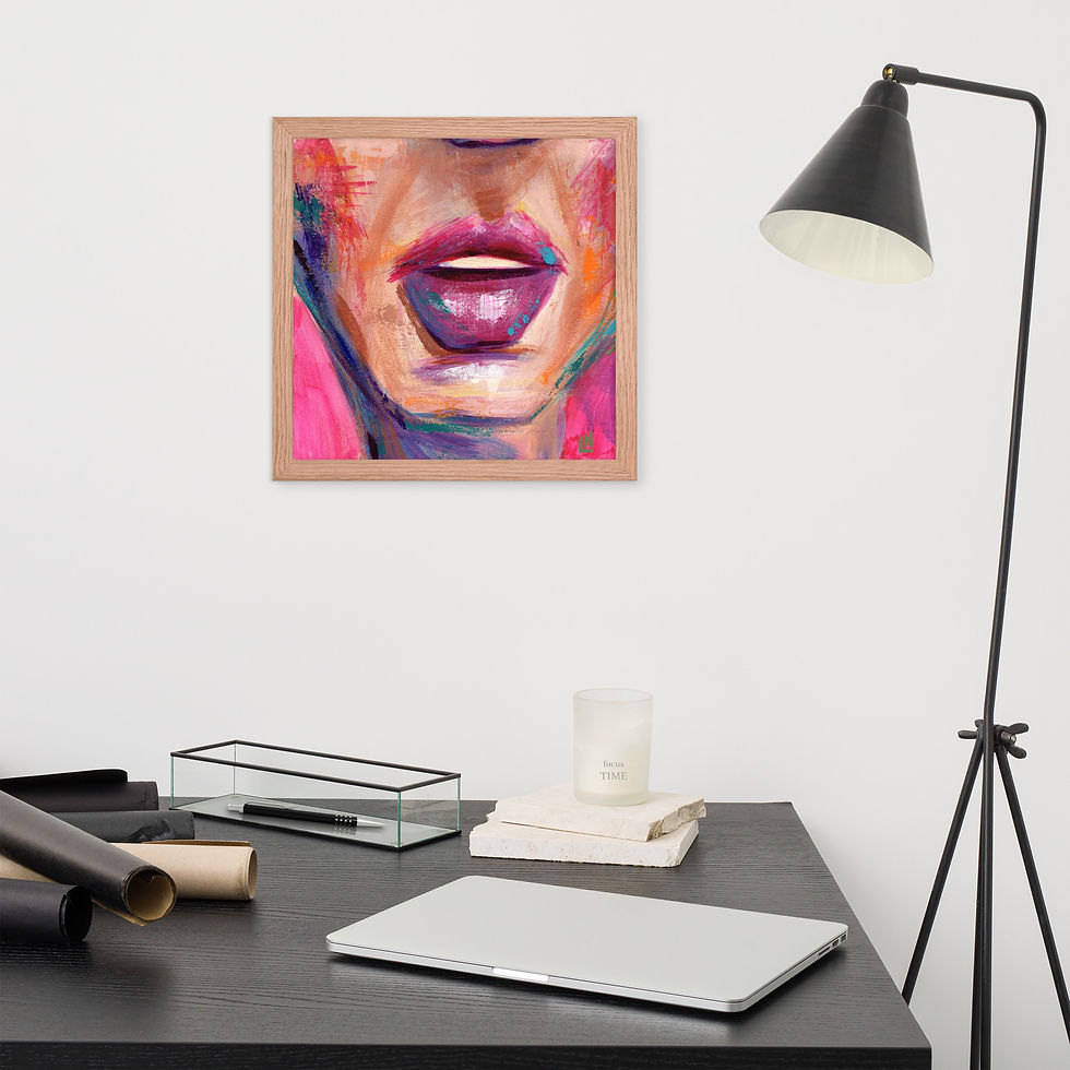 Thumbnail: Poster of wait, (open smile against a pink background) in a wooden frame.