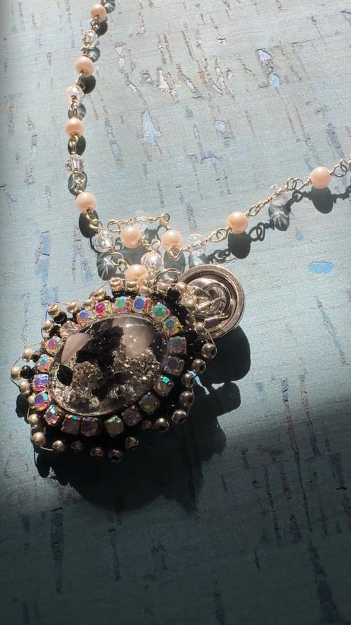 Thumbnail: pearl rondelle rosary chain choker style necklace with moonstone and tourmaline beaded pendant, magnetic clasp