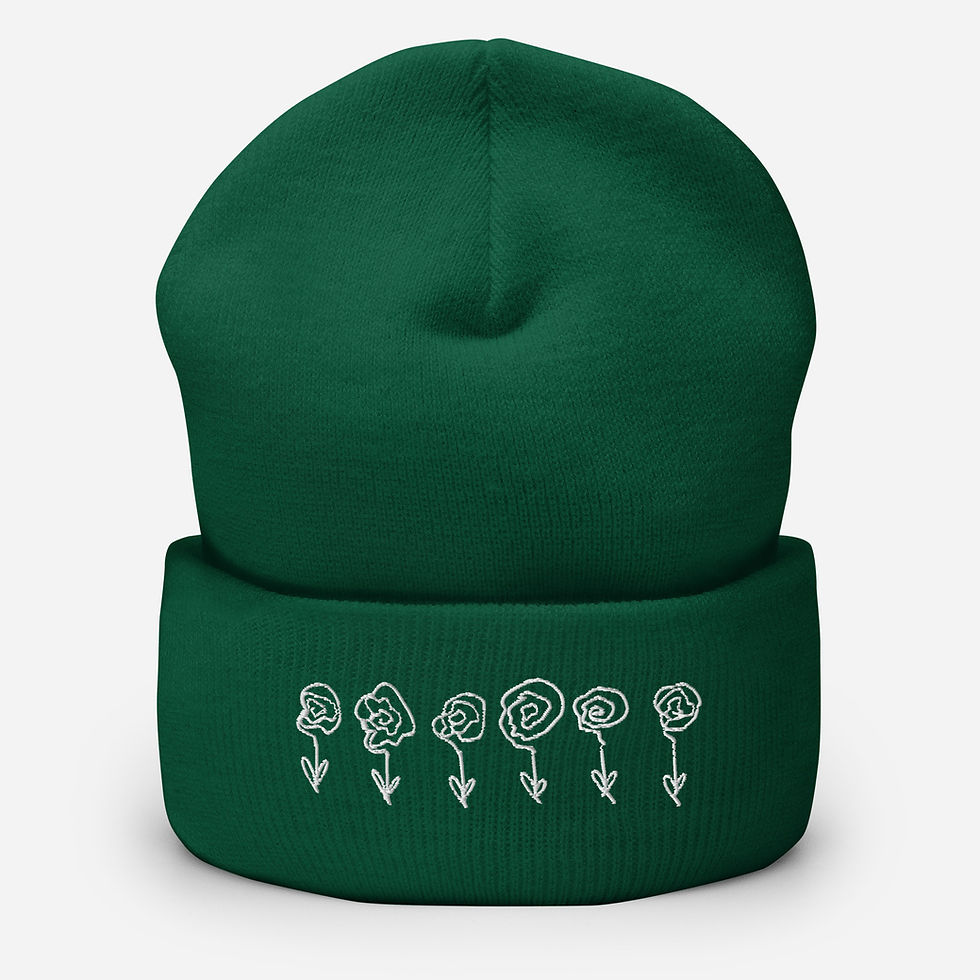 Thumbnail: Lauren Nicole green cuffed beanie with a line of roses embroidered in white on front.