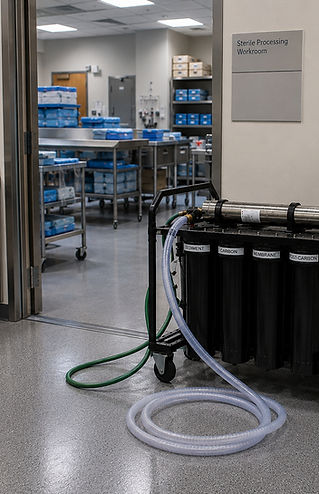 Portable First Water purification cart connected to a stainless steel sink in a hospital sterile processing department