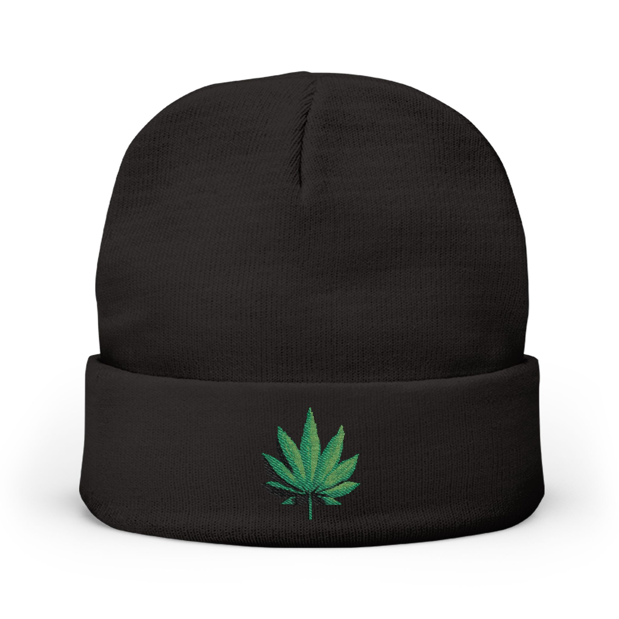 Embroidered Cannabis Leaf Knit Beanie — Warm Streetwear Cuffed Hat