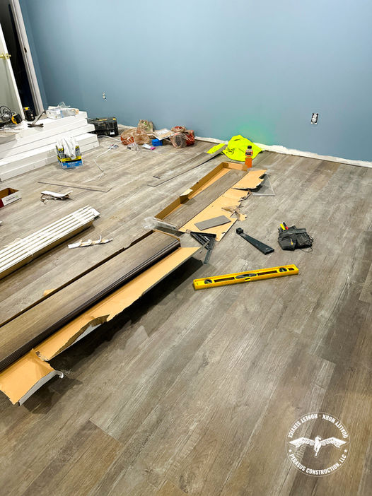 Hardwood floor installation in progress