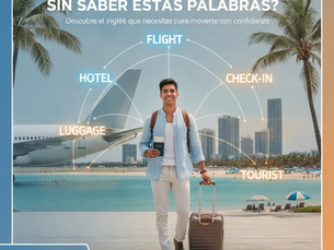 Un viajero hispano con maleta y pasaporte llega a Miami mientras aparecen palabras en inglés relacionadas con viajes, como Flight, Hotel, Luggage, Reservation y Check-in. Al fondo se observan un avión, palmeras y el horizonte de Miami, representando el aprendizaje de inglés para viajar con confianza.