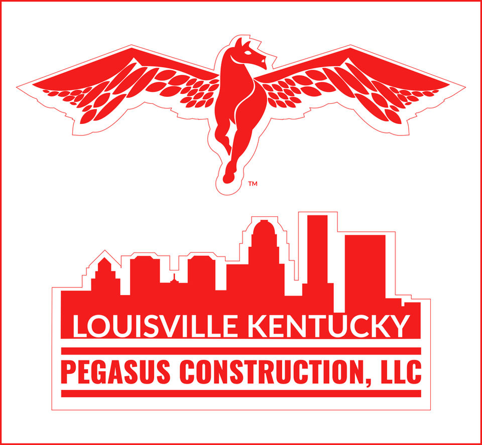 This is pegasus construction llc primary logo. It's a beautiful pegasus flying over the city of louisville.