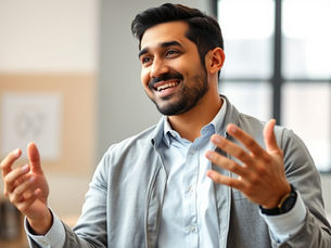 A smiling man with a beard gestures animatedly in a bright room with a large window. He's wearing a light blue shirt and gray jacket.
