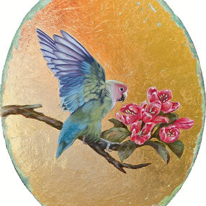 Oval painting of Eleonora Martorana one of a diptych with a colourful Love bird, green, blue, purple and pink, landing on a branch with pink flowers on a gold leaf background. Delicate, lovely, beautiful design. Golden hour