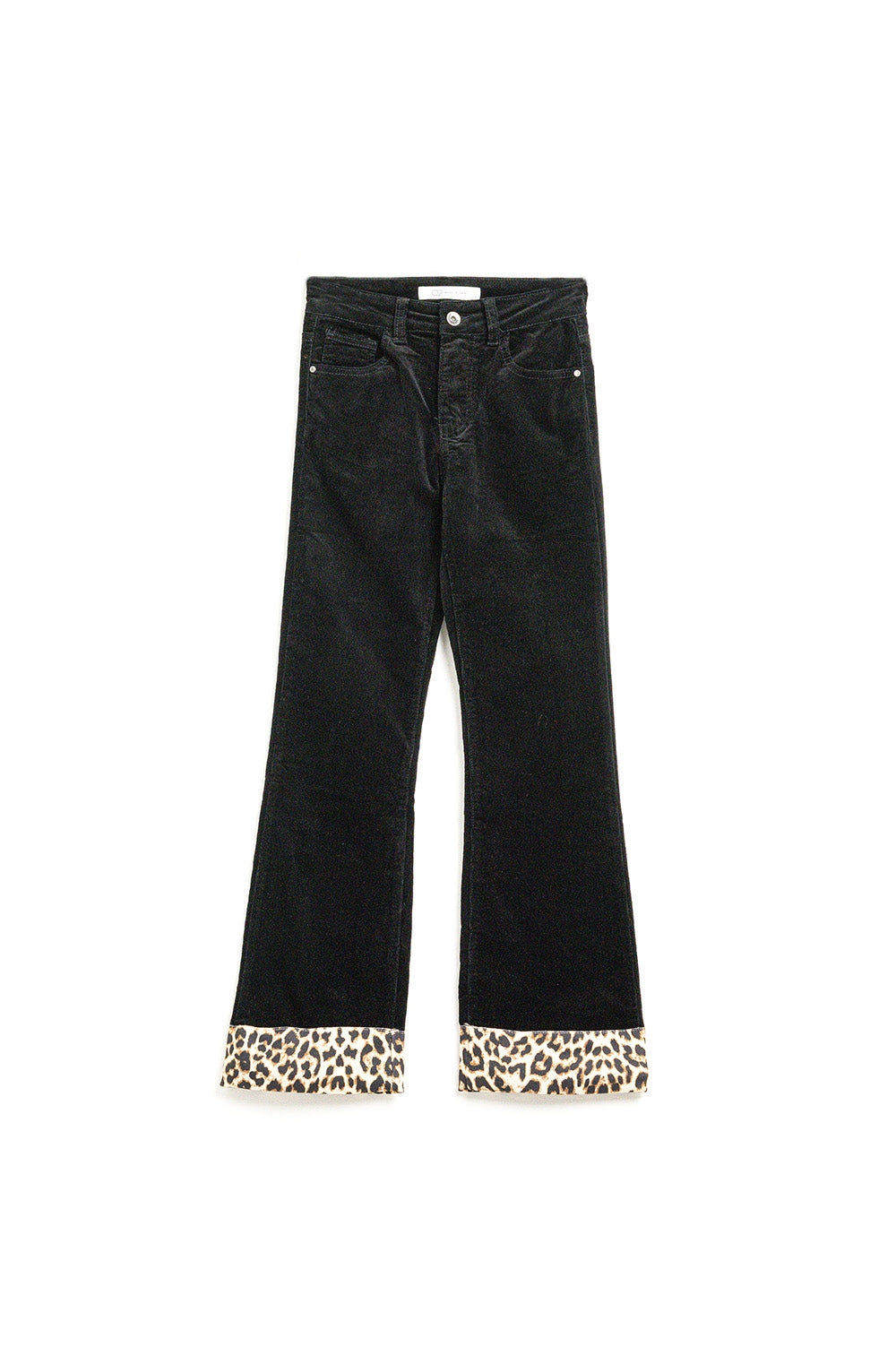 Black Corduroy Flare Pants With Leopard Print at the Bottom