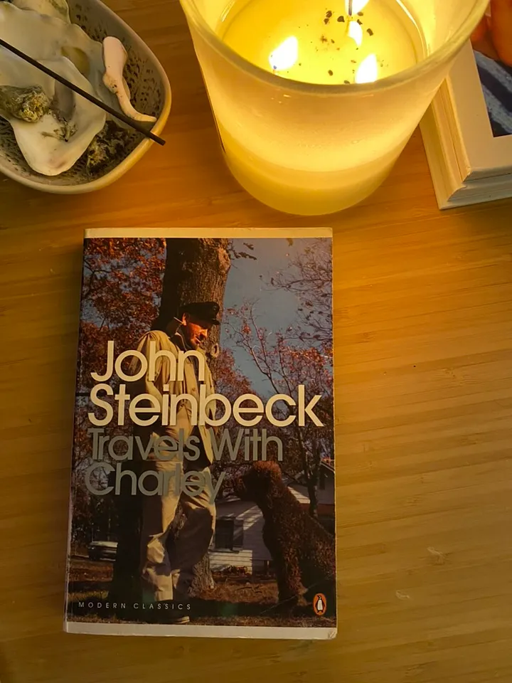A copy of "Travels With Charley" on a coffee table
