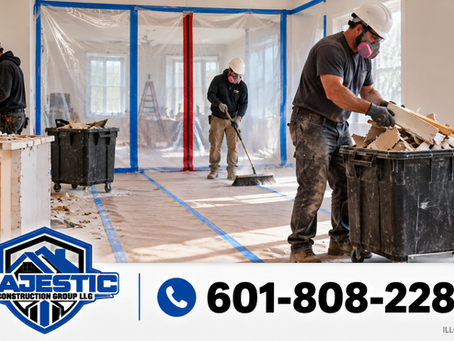 Illustrative image of controlled interior demolition with dust barriers, protected floors and blue Majestic branding