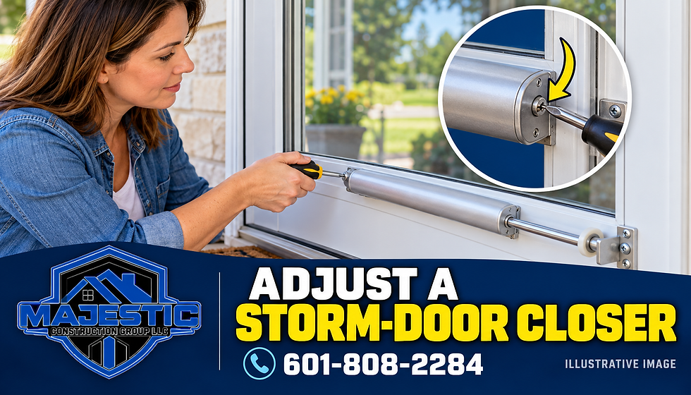 Illustration of a homeowner adjusting the end screw on a residential pneumatic storm-door closer