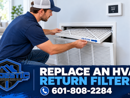 Illustration of a homeowner replacing a correctly sized pleated HVAC return filter with the system switched off