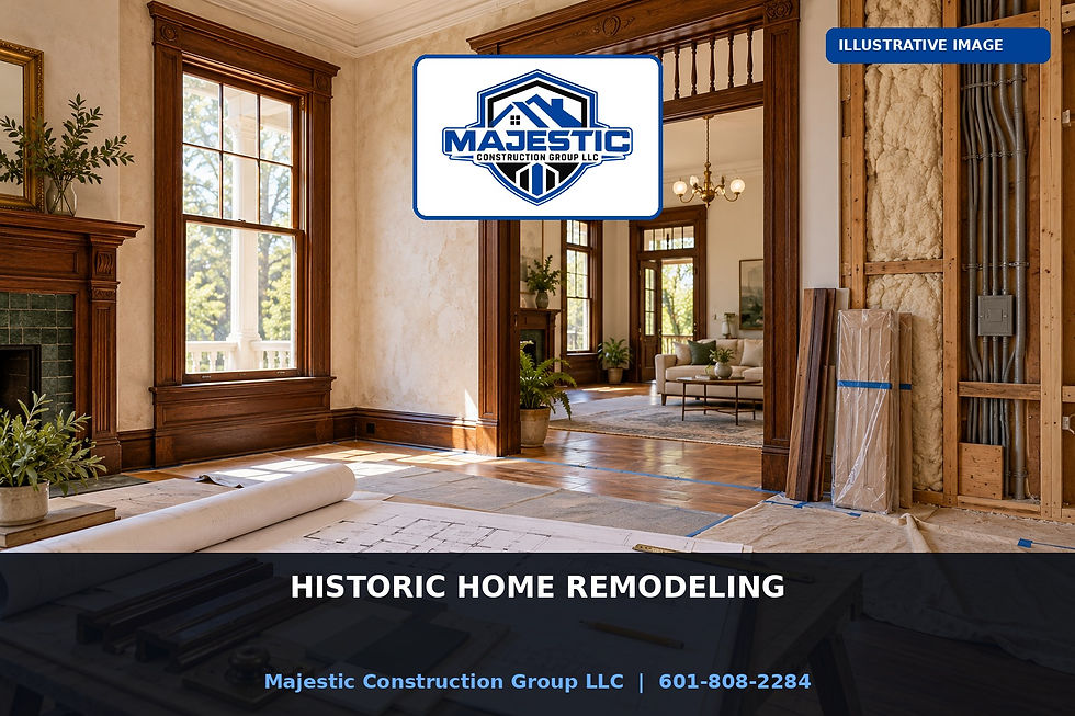 Illustrative historic Mississippi home remodeling scene preserving original wood trim and plaster while planning modern upgrades with the official Majestic Construction Group blue shield logo