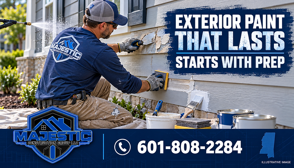Illustration of a contractor washing, scraping, sanding, repairing, and priming exterior siding before painting