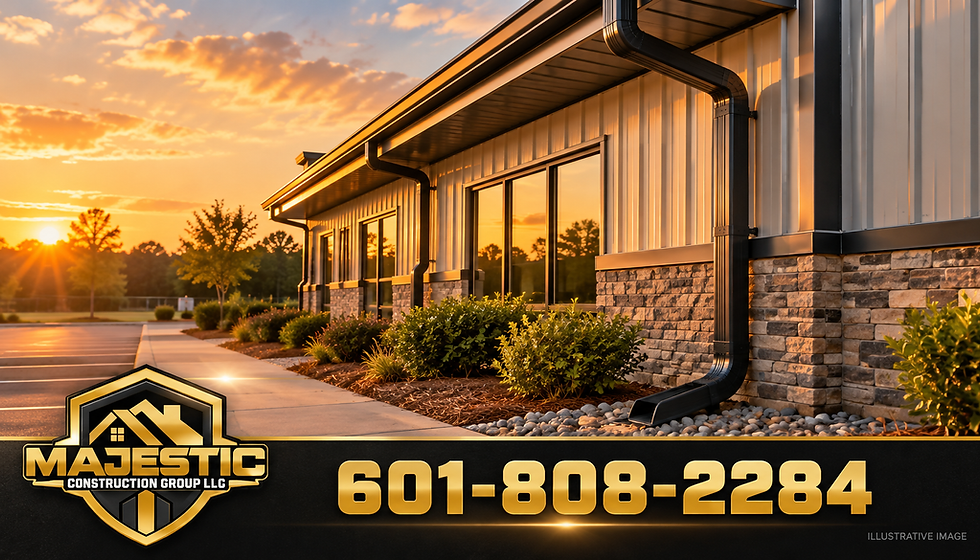 Illustrative golden-hour image of commercial gutters and downspouts on a metal-sided Mississippi building with gold Majestic branding