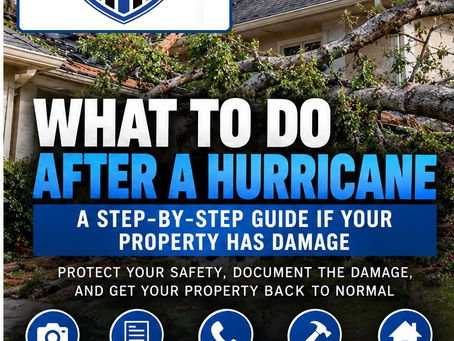 Illustrated damaged roof and fallen tree after hurricane with official blue Majestic Construction Group shield logo
