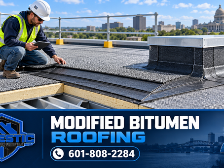 Illustration of a protected commercial roof inspection showing modified-bitumen membrane layers and curb flashing