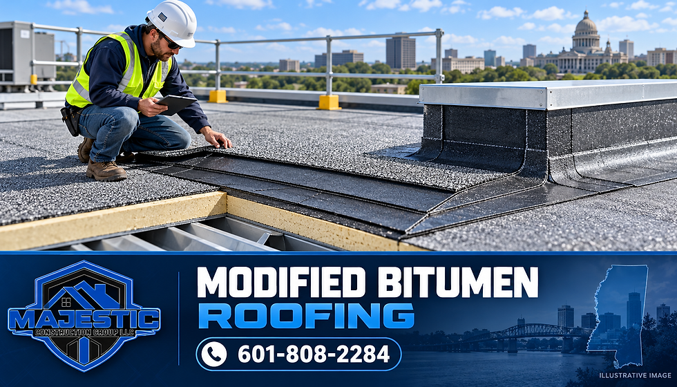 Illustration of a protected commercial roof inspection showing modified-bitumen membrane layers and curb flashing