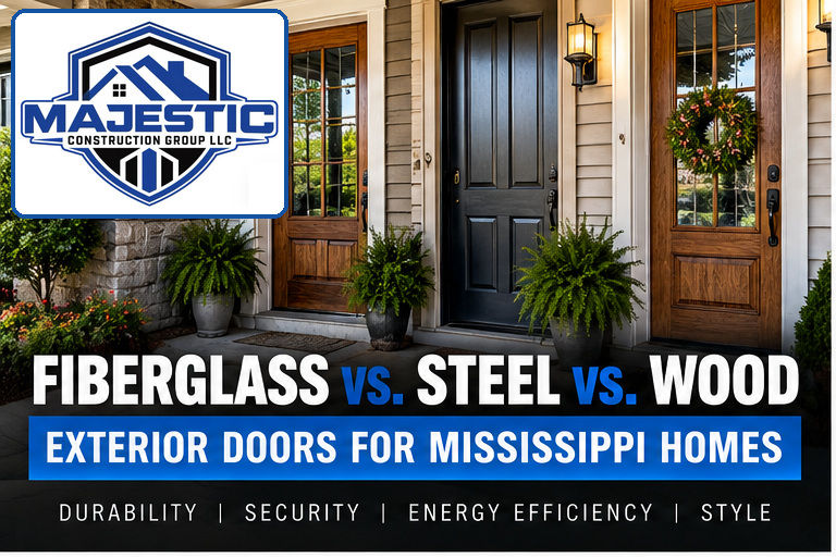 Fiberglass vs. Steel vs. Wood Exterior Doors — Majestic Construction Group LLC official blue shield logo