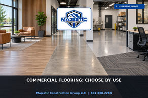 Illustrative commercial interior comparing LVT, polished concrete, epoxy, and carpet tile zones with the official Majestic Construction Group blue shield logo