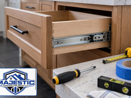 Illustrative How to Adjust a Cabinet Drawer That Rubs or Sits Crooked with original blue Majestic Construction Group LLC shield logo visibly displayed