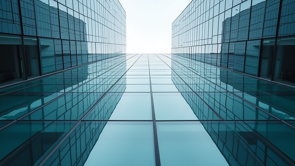 Eye-level view of a modern commercial building with a glass curtain wall facade