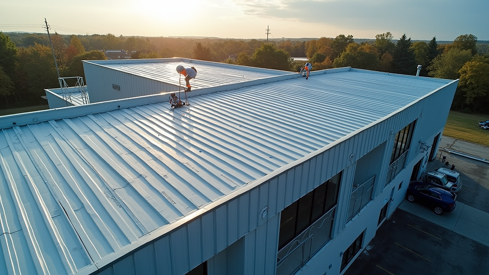 High angle view of metal roof installation on commercial building