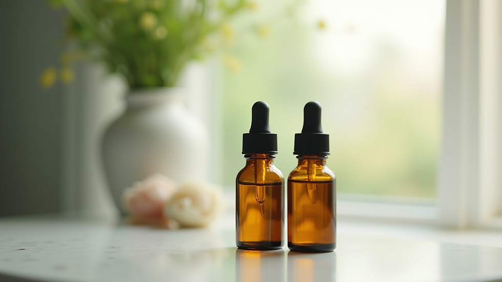 Close-up view of essential oil bottles with a calming background