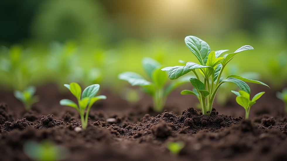Eye-level view of a no-dig garden bed with rich soil and growing plants