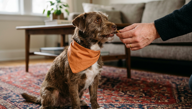 Close-up of a small dog wearing a simple orange bandana instead of a full costume