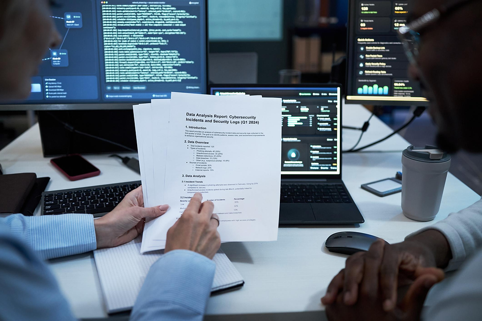 A professional IT security consultant reviewing a cybersecurity compliance dashboard on a monitor while discussing risk controls with business leaders.