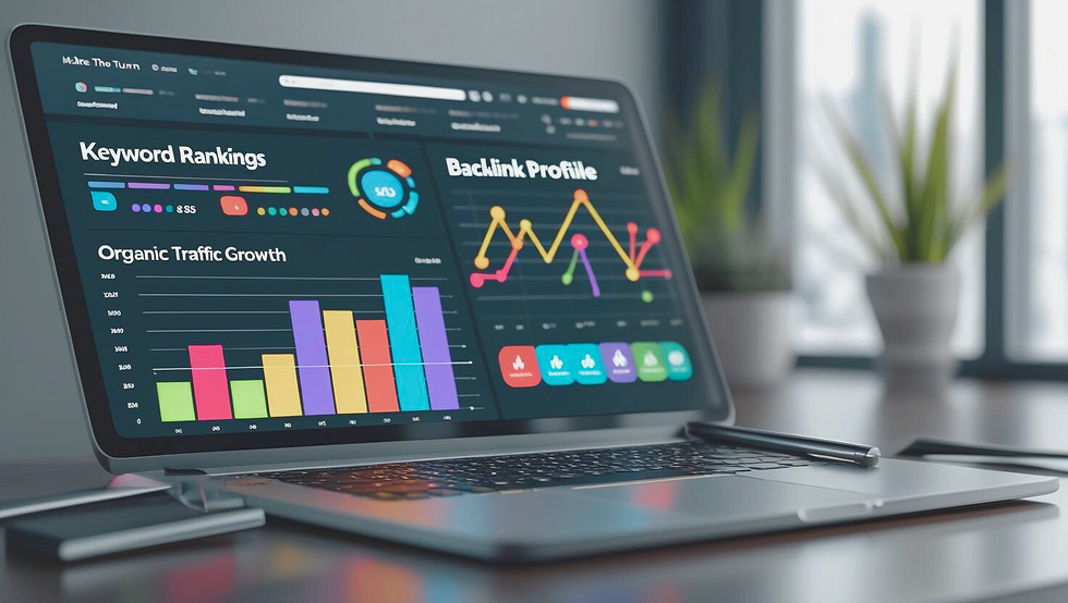 A dashboard-style image showcasing key SEO metrics like keyword rankings, backlink profile, and organic traffic growth, designed to align with Make The Turn’s professional branding.