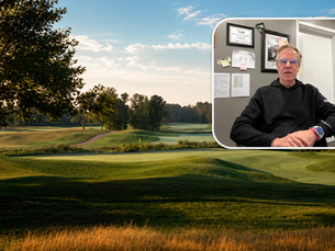 Splitscreen image featuring a sunlit view of the rolling green fairways at Fieldstone Golf Club under a blue sky, alongside an inset video frame of PGA Professional and General Manager Chip Hierlihy sitting in his office.