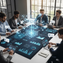 A business team collaborating around a digital conference table displaying holographic AI data visualizations, representing workplace AI integration and cybersecurity analysis.