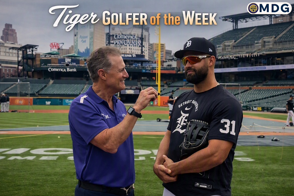 Television host Jeff Lesson interviewing Detroit Tigers All-Star outfielder Riley Greene on the field at Comerica Park for the Tiger Golfer of the Week segment, with a "Tiger Golfer of the Week" overlay title and MDG logo in the upper corners.