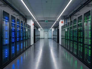 Modern data center corridor with rows of illuminated server racks supporting business continuity and IT disaster recovery