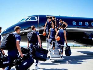 Basketball team exiting a private charter jet with sports equipment and bags on an airport runway for group team travel.