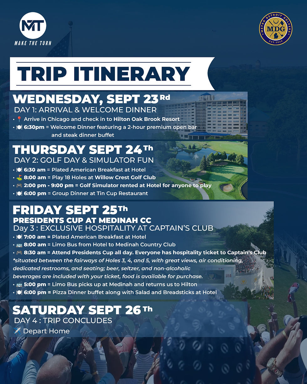 Trip itinerary poster for Make The Turn x MDG Chicago golf package, showing four‑day schedule with golf at Willow Crest, Presidents Cup hospitality at Medinah Country Club, and group dinners.