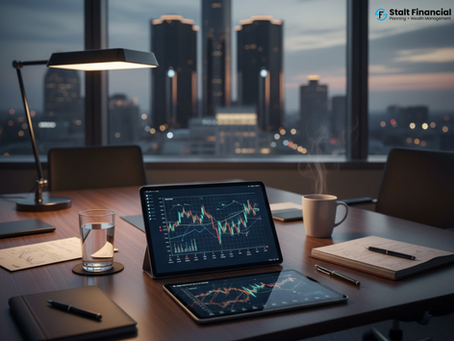 Tablet displaying stock market charts on a conference table in a modern office at dusk, with financial indicators, coffee cup, notebook, and city skyline in the background. Branded with 'Stalt Financial – Planning & Wealth Management.