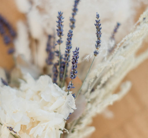 Close-up of a delicate floral bouquet with lavender and white flowers.