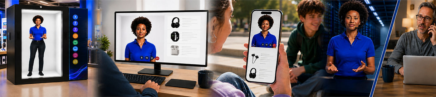 P3 Labs retail digital human assisting customers through a Holobox, desktop, mobile phone and video call