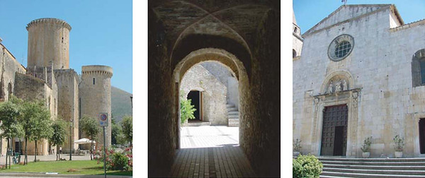 Il Castello Caetani, l'ingresso nel quartiere della Giudea, la facciata della collegiata di Santa Maria