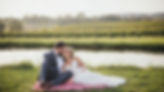 can you create an image of groom and bride sitting next to a pond with a small vineyard in