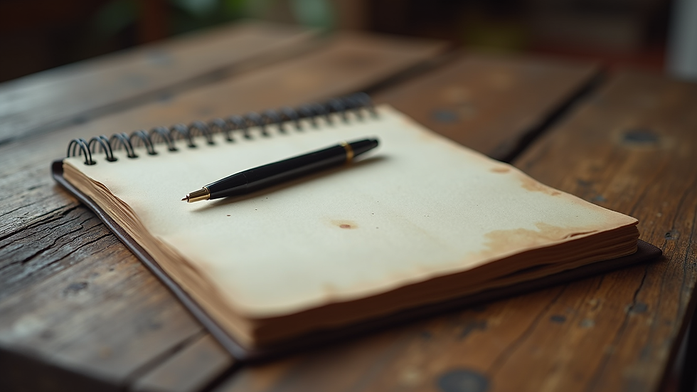 Close-up view of a weathered notebook and pen on a rustic wooden table